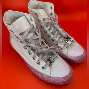Converse White High-Top Sneakers with Pink Glitter Sole